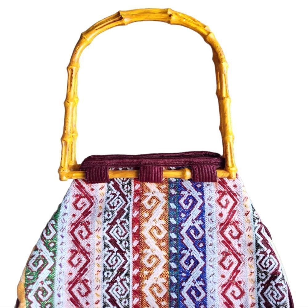 ‎Colorful Handmade Aztec Printed Handbag with Bamboo Handle - Picture 4 of 6